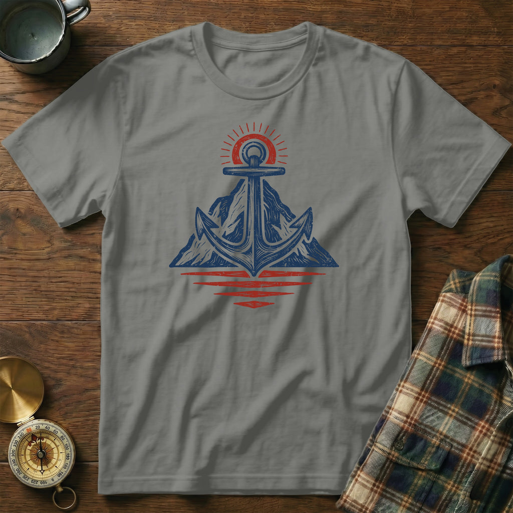 Grey t-shirt with an anchor, mountain, and sun graphic.