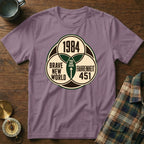 T-shirt graphic with "1984", "Brave New World", and "Fahrenheit 451" texts.