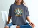 Graphic t-shirt with distressed detailing and a circular seagull design reading "Professional Fry Thief".