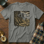 T-shirt with Bigfoot graphic on a rocky cliff overlooking the ocean.