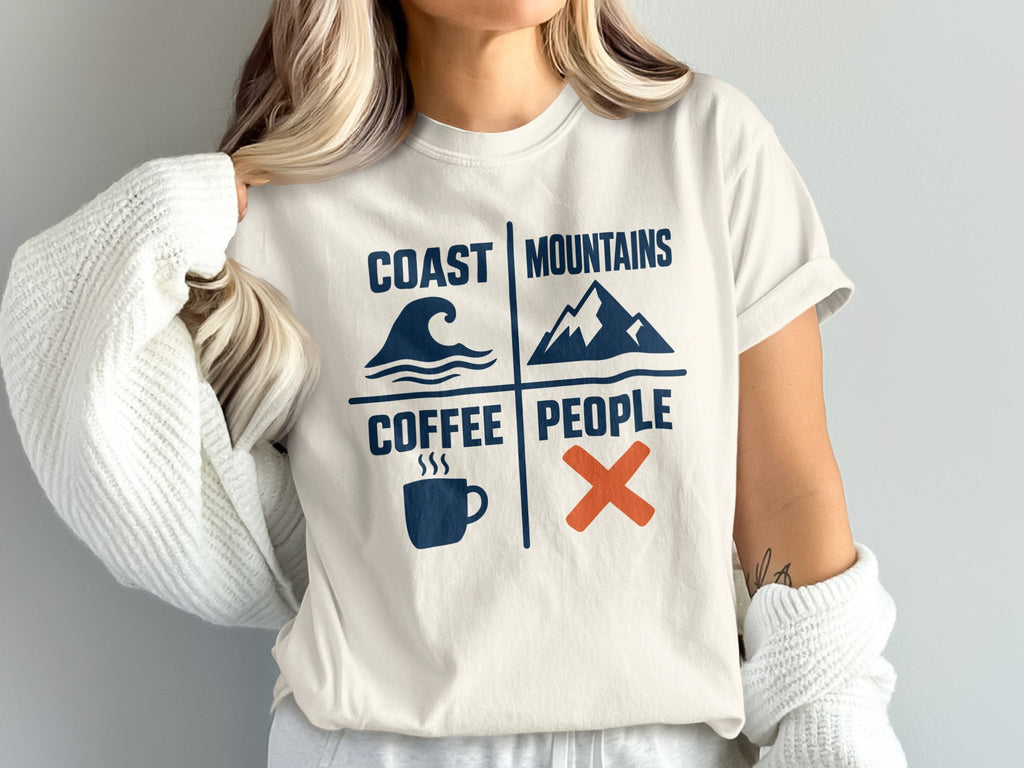 T-shirt with text: Coast Mountains Coffee People, wave, mountain, coffee cup, X.