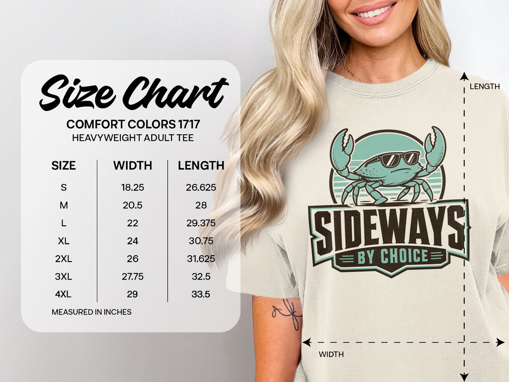 Comfort Colors 1717 heavyweight adult tee size chart with measurements for width and length.