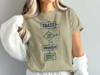 T-shirt with flowchart: Coast, Too Hot? Yes to Mountain, Problem Solved.