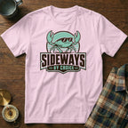 Pink t-shirt with graphic of a crab wearing sunglasses, saying "SIDEWAYS BY CHOICE".