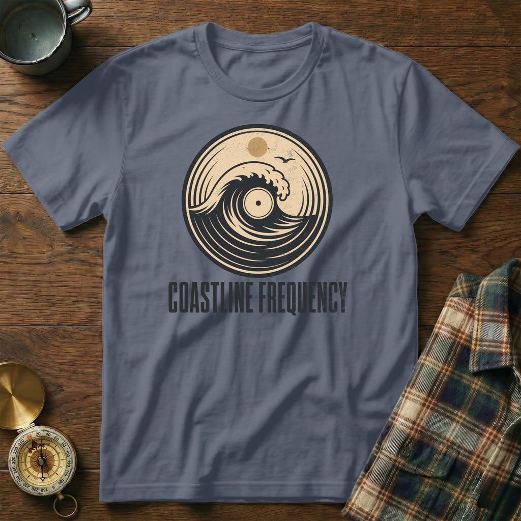 Gray t-shirt with "Coastline Frequency" and a vinyl record wave graphic.