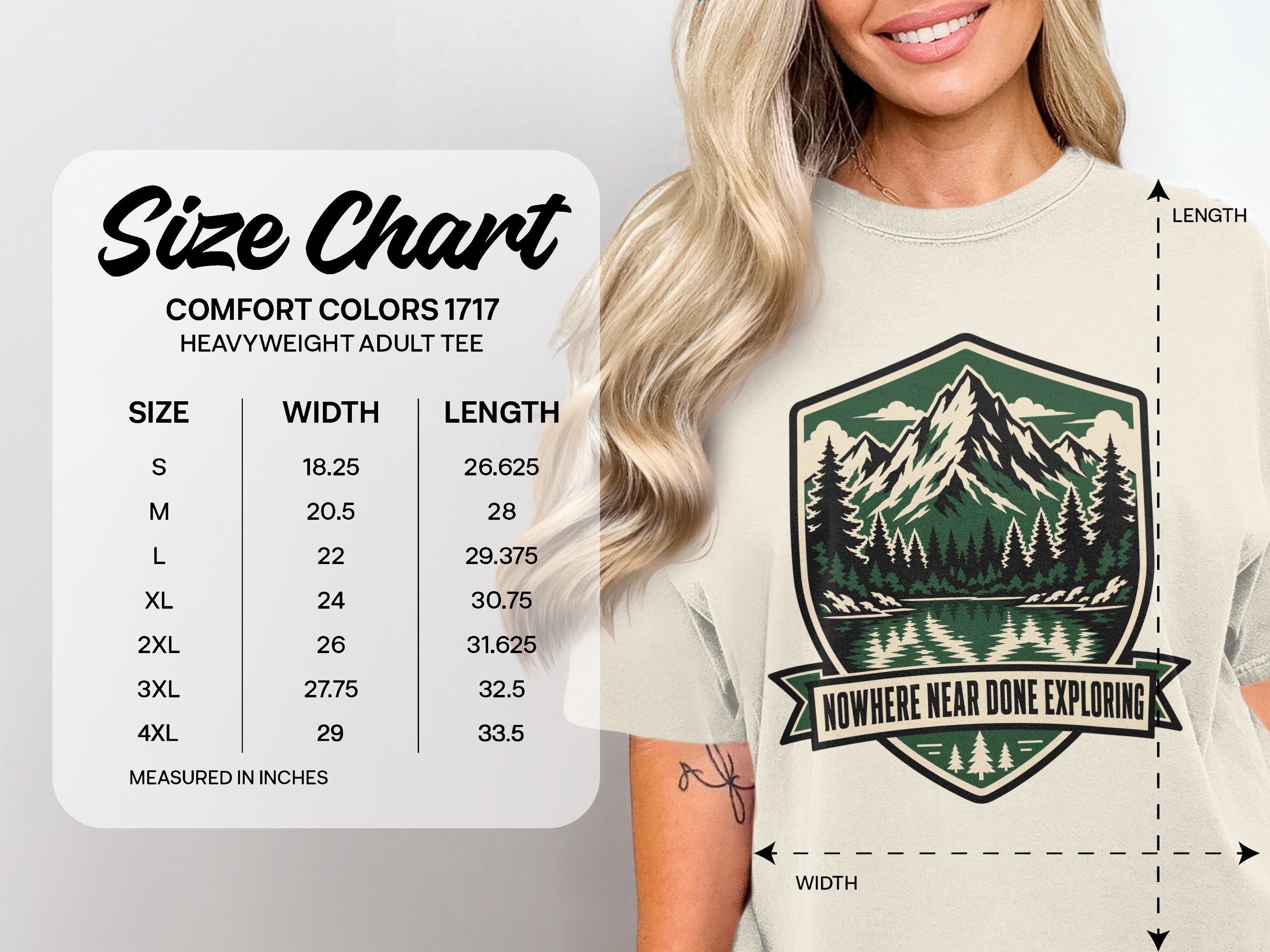Comfort Colors 1717 size chart with width and length measurements in inches.