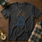 Black t-shirt with a blue and orange campfire graphic.