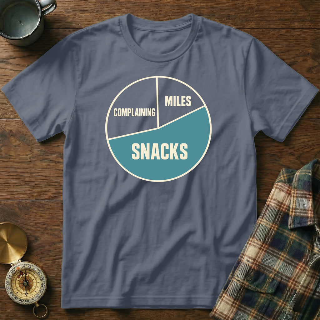 T-shirt with pie chart graphic reading "Complaining," "Miles," and "Snacks."