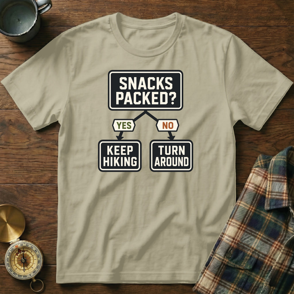 T-shirt with flowchart: "Snacks Packed?" Yes: Keep Hiking, No: Turn Around.