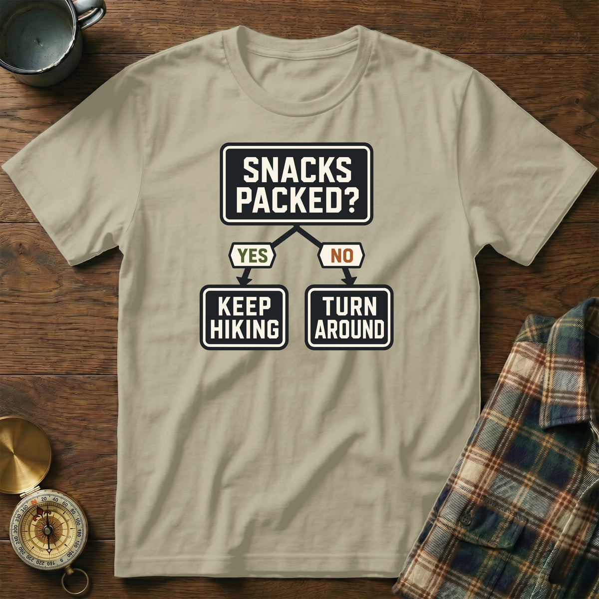 T-shirt with flowchart: "Snacks Packed?" Yes: Keep Hiking, No: Turn Around.