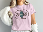 Venn diagram on pink t-shirt with "The Plan," "Rarely," and "The Trail."