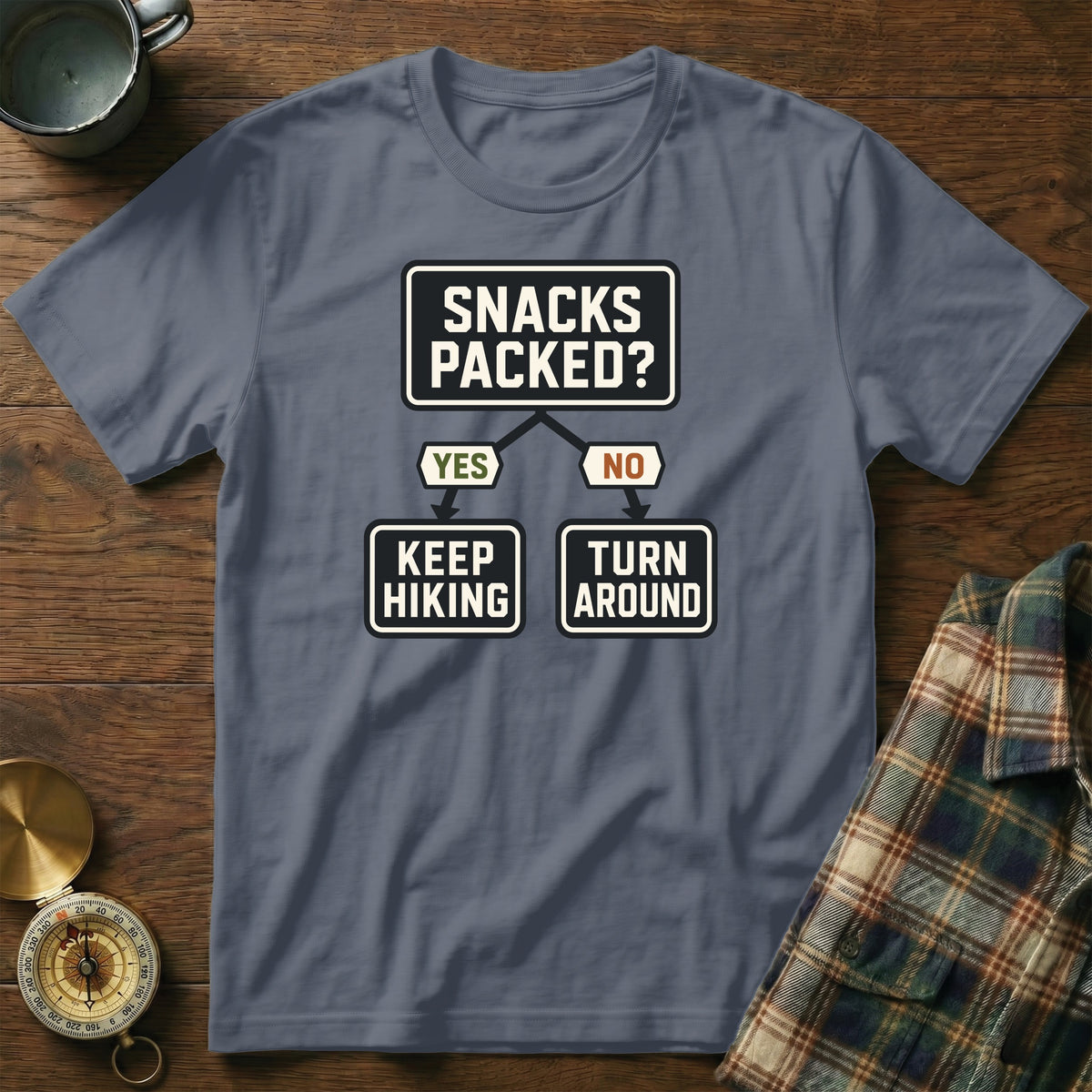 Gray t-shirt with a "Snacks Packed?" flowchart: Yes/Keep Hiking, No/Turn Around.