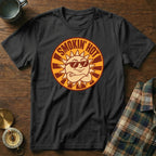 Black t-shirt with a cartoon sun wearing sunglasses and the text "SMOKIN' HOT".