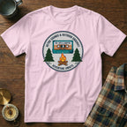 Pink t-shirt with "Retro Sounds & Outdoor Grounds" cassette and campfire graphic.