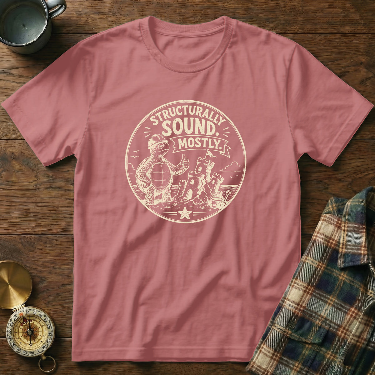 Pink t-shirt with a graphic of a turtle giving a thumbs up next to a sandcastle.