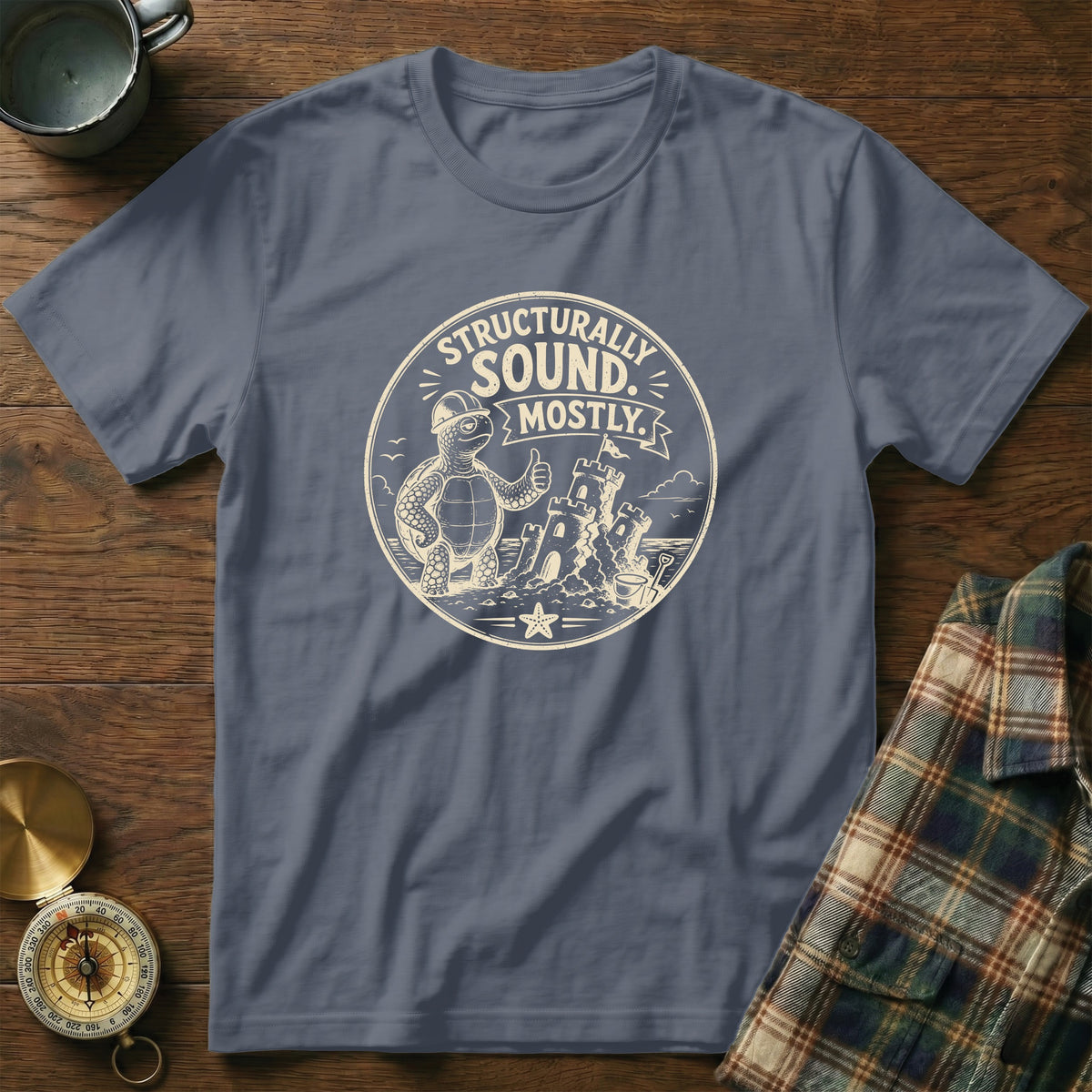 Grey t-shirt with a graphic of a turtle building a sandcastle, text "Structurally Sound. Mostly."