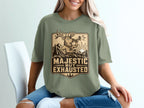 Deer with antlers blowing a horn with text "Majestic but Exhausted"