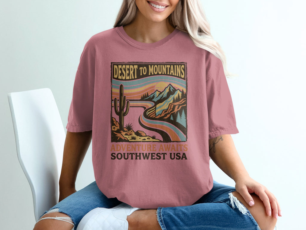 T-shirt featuring desert landscape and mountains with text "Desert to Mountains Southwest USA".