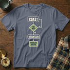 Blue t-shirt with flowchart: Coast, Too Hot?, Yes/No, Mountain, Problem Solved.