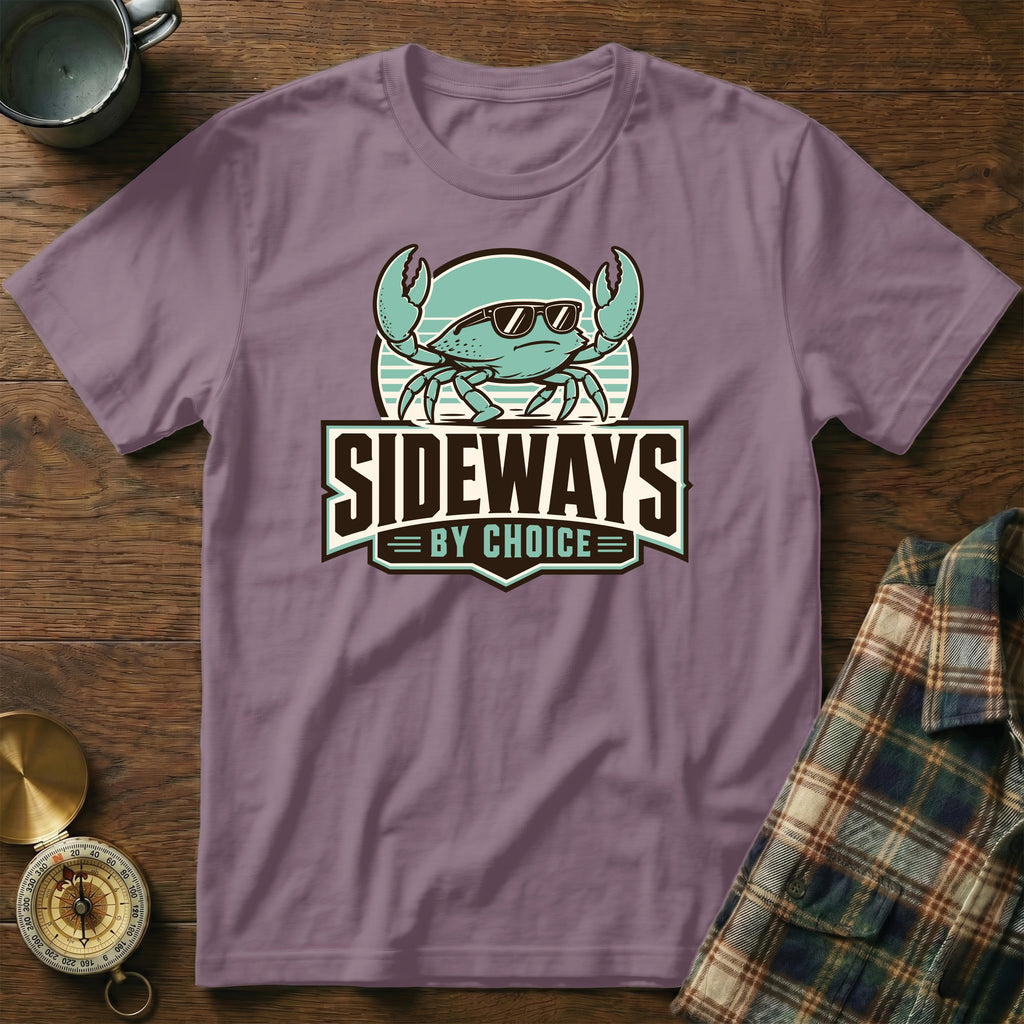 Purple t-shirt with sunglasses-wearing crab graphic and "SIDEWAYS BY CHOICE" text.