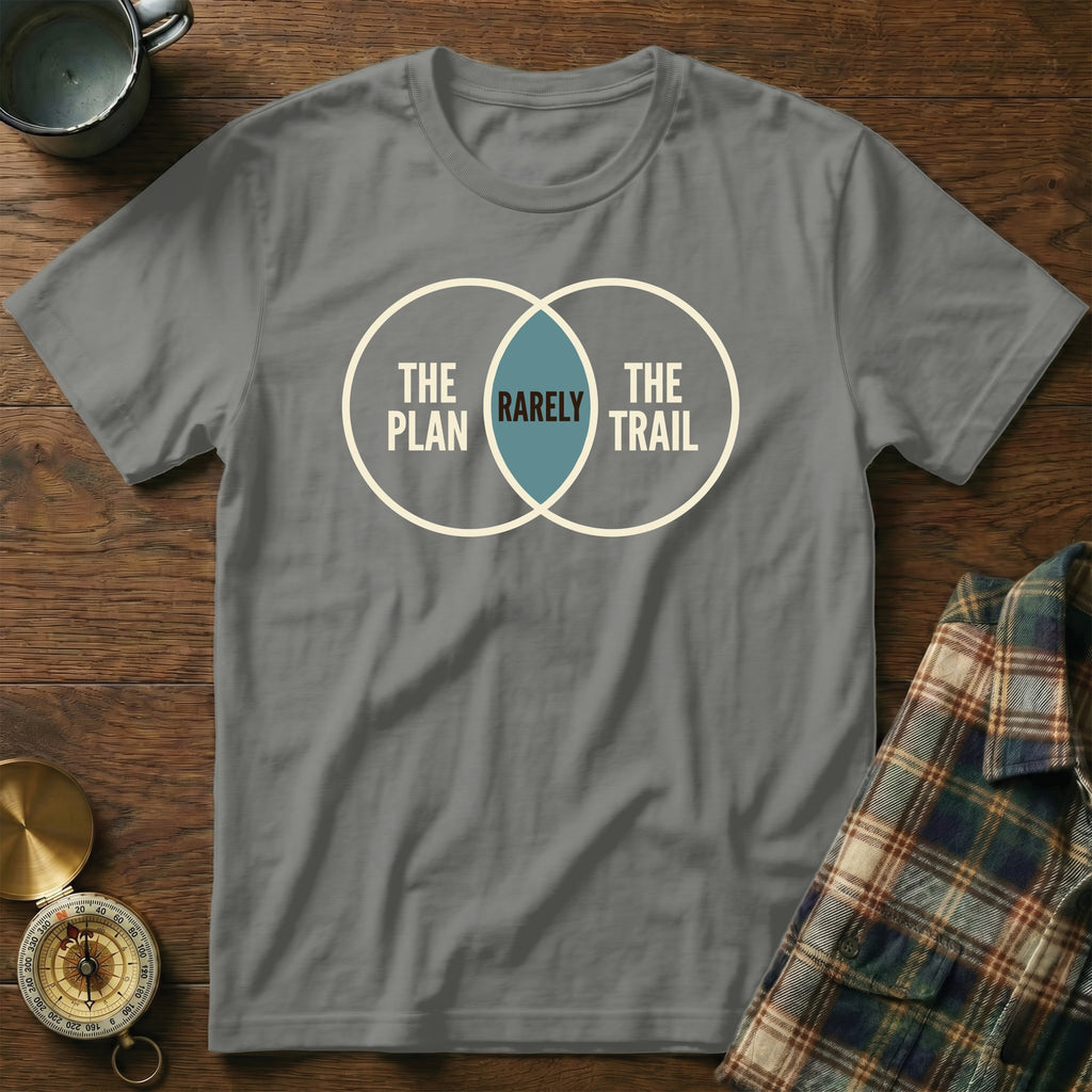 Gray t-shirt with Venn diagram graphic: "The Plan", "Rarely", and "The Trail".
