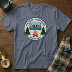 T-shirt with "Retro Sounds & Outdoor Grounds" mixtape and campfire graphic.