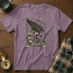 Osprey diving into ocean waves, graphic tee design.