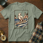 Eagle surfing on a wave with a lighthouse in the background.