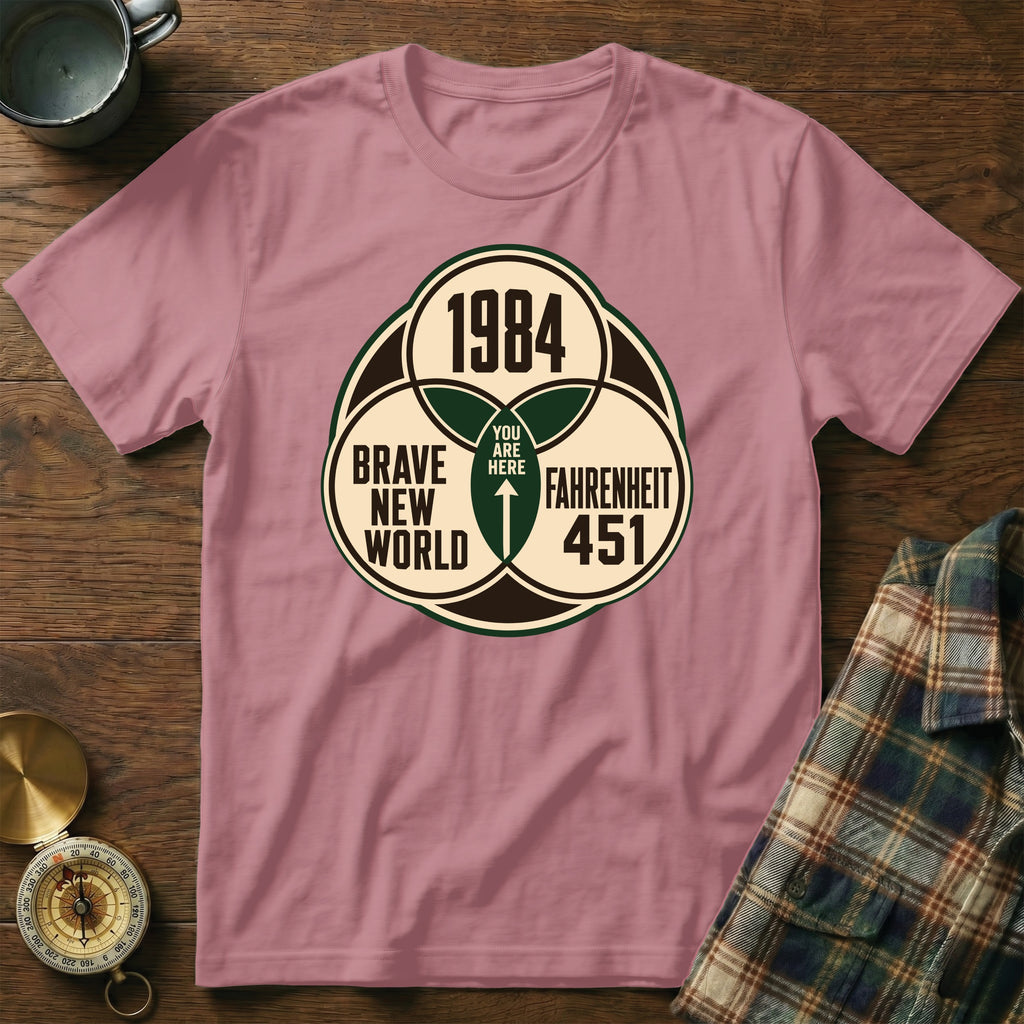 T-shirt with 1984, Brave New World, and Fahrenheit 451 symbols.