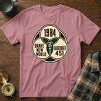T-shirt with 1984, Brave New World, and Fahrenheit 451 symbols.