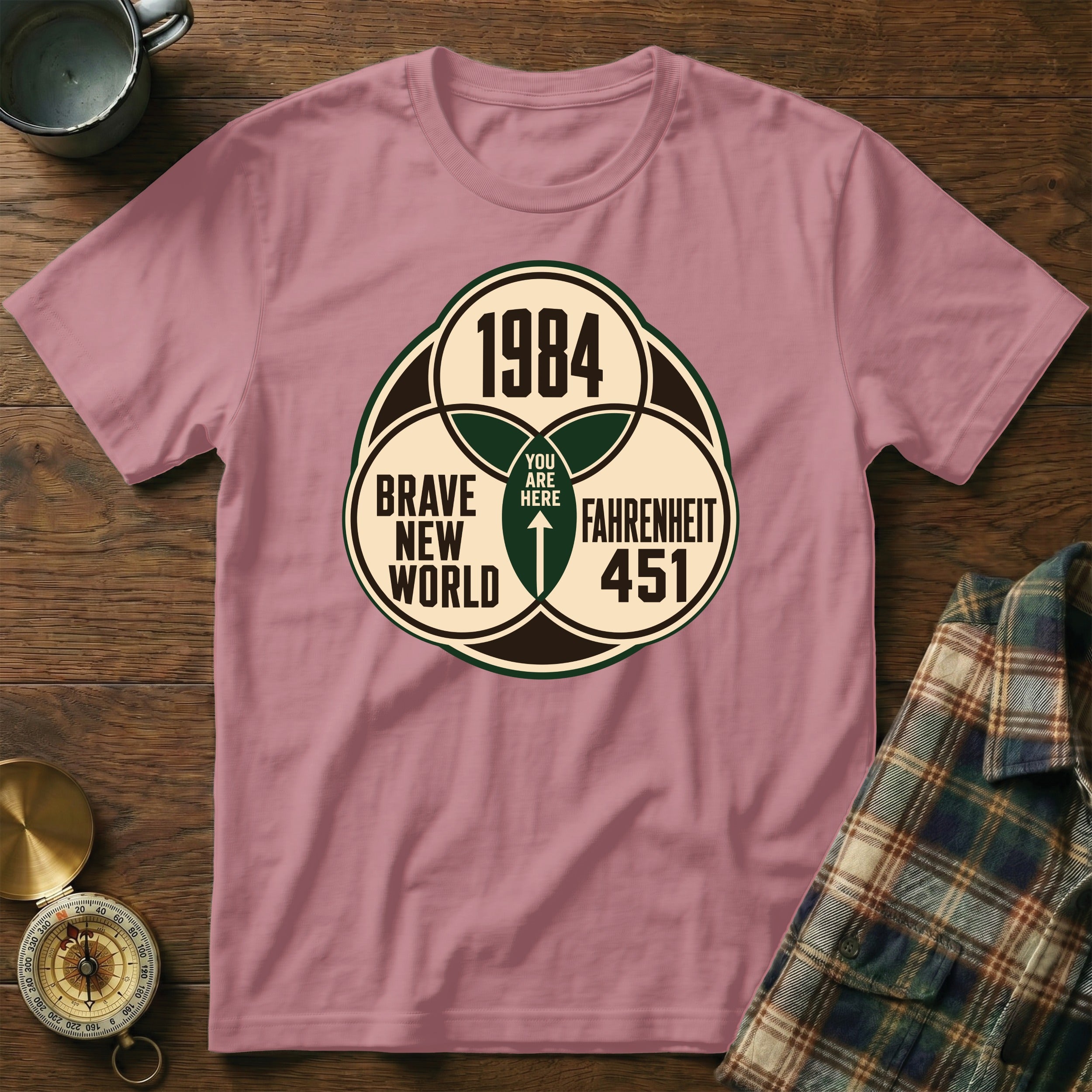 T-shirt with 1984, Brave New World, and Fahrenheit 451 symbols.
