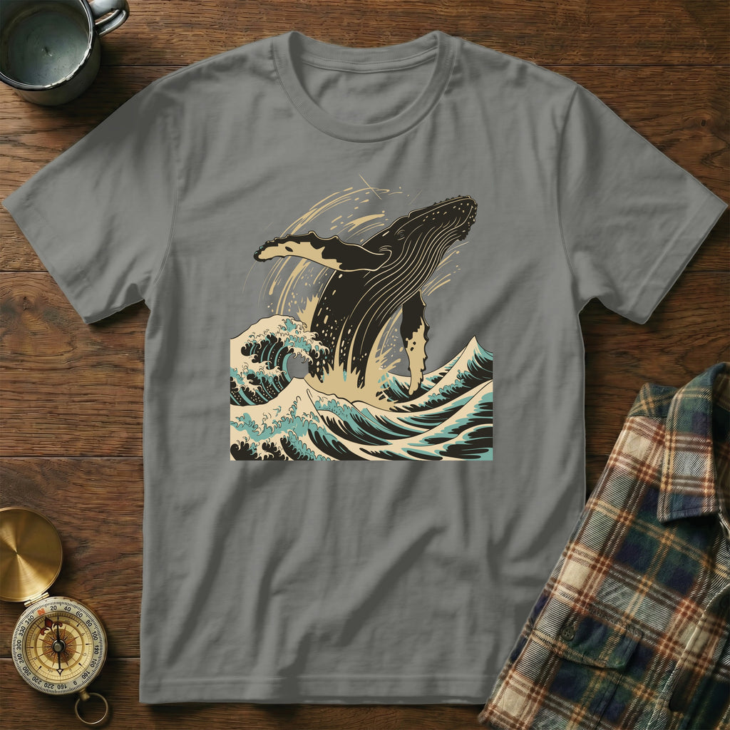 Gray t-shirt with leaping whale and ocean waves design.