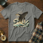 Gray t-shirt with leaping whale and ocean waves design.