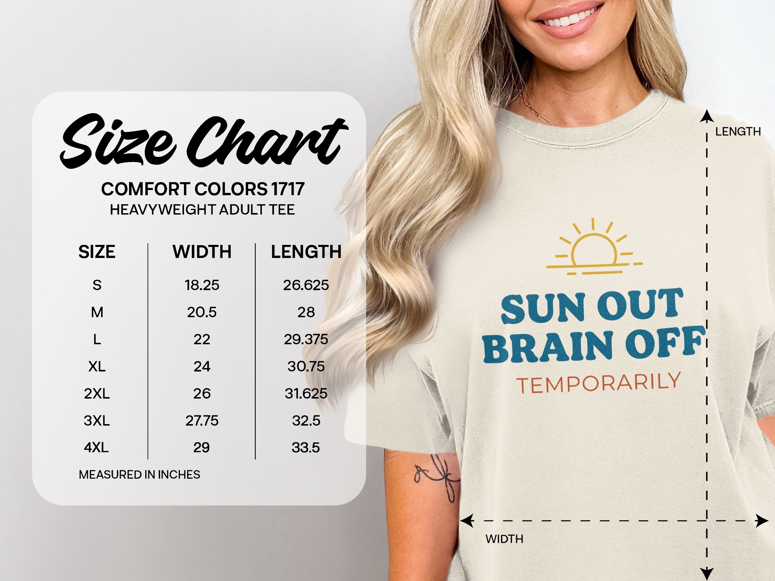Size chart for Comfort Colors 1717 heavyweight adult tee with measurements.
