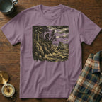 T-shirt with woodcut illustration of Bigfoot on a cliff overlooking a stormy sea.