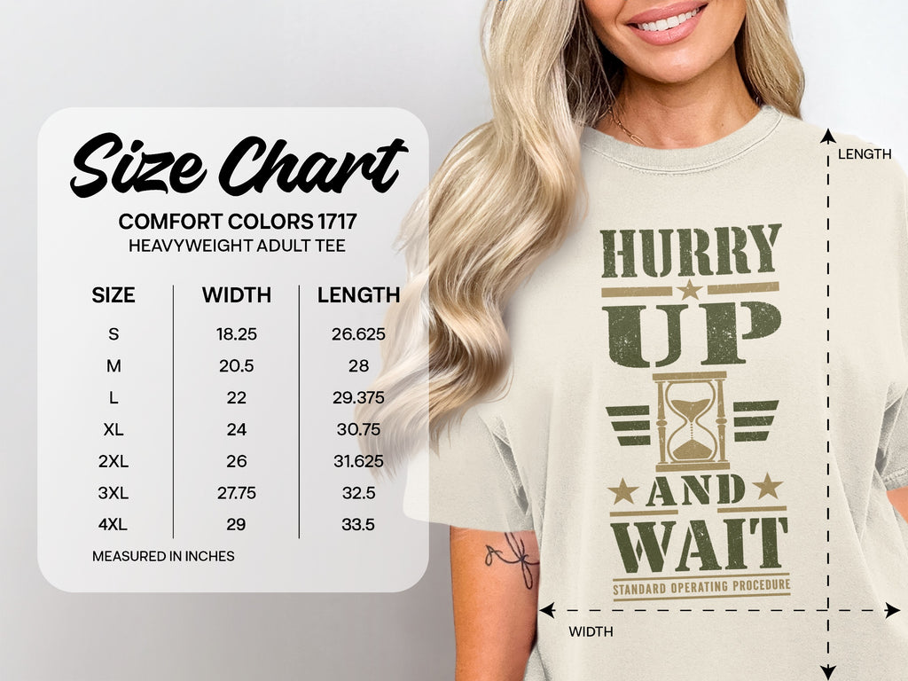 A size chart for a Comfort Colors 1717 t-shirt next to a person wearing the shirt.