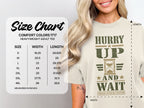 A size chart for a Comfort Colors 1717 t-shirt next to a person wearing the shirt.