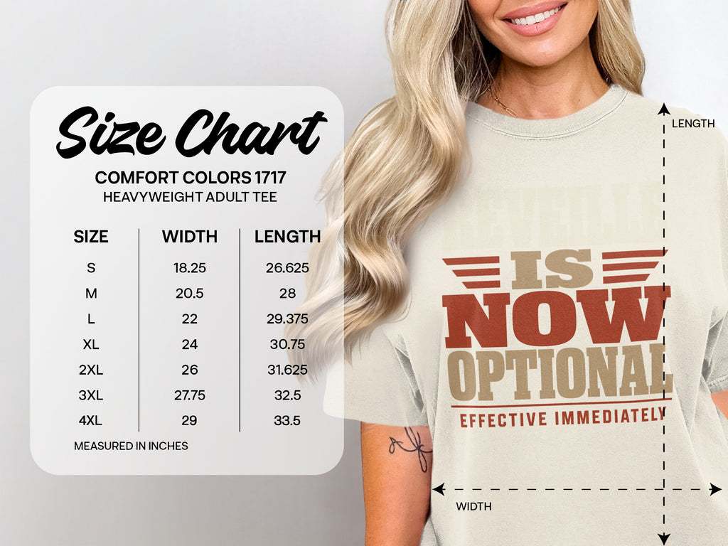A Comfort Colors 1717 size chart overlaid on a woman wearing the advertised t-shirt.