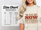 A Comfort Colors 1717 size chart overlaid on a woman wearing the advertised t-shirt.