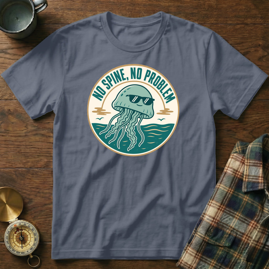 Blue t-shirt with "NO SPINE, NO PROBLEM" text and cartoon jellyfish wearing sunglasses.