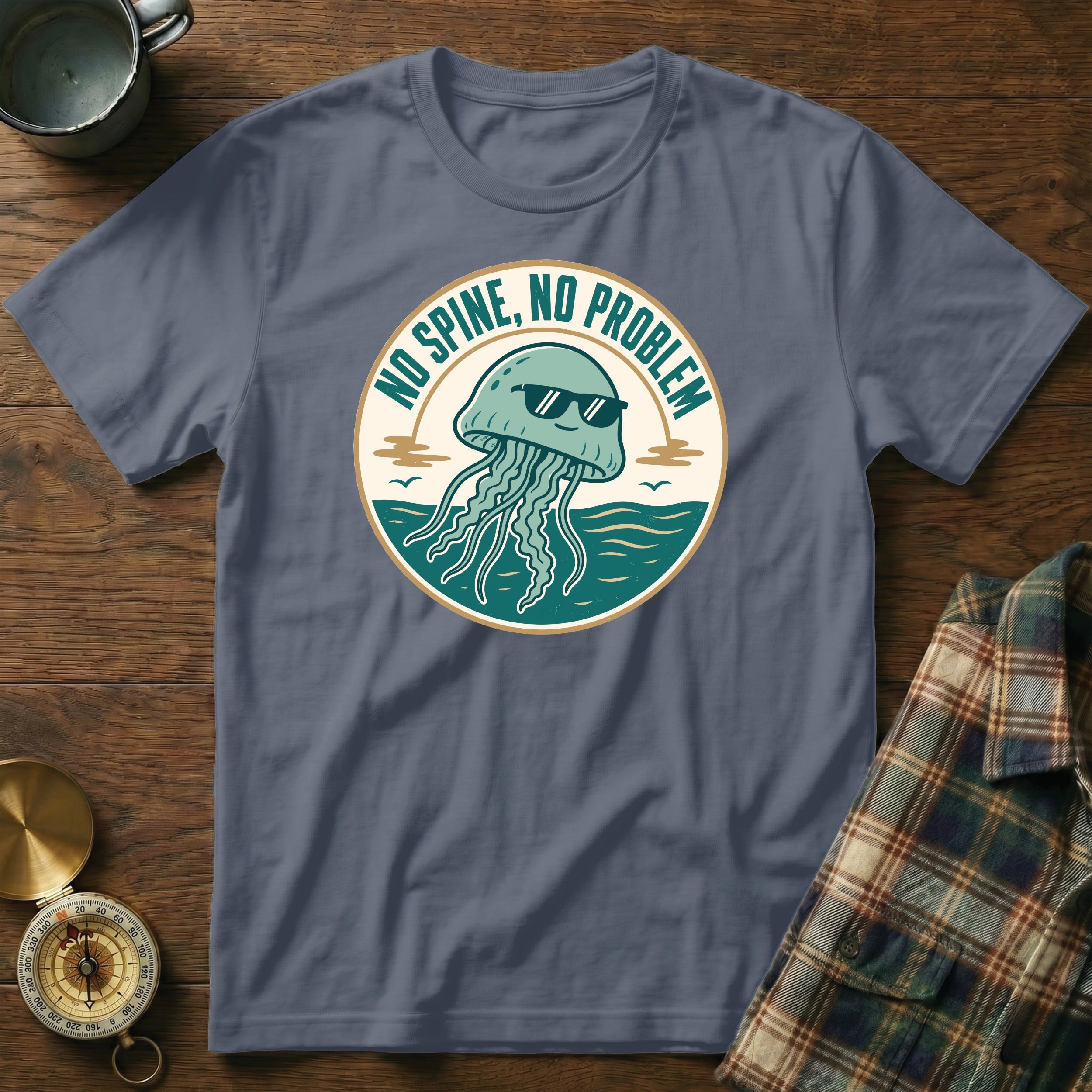 Blue t-shirt with "NO SPINE, NO PROBLEM" text and cartoon jellyfish wearing sunglasses.