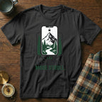 Black t-shirt with a phone graphic and text "Less scroll, more stroll."