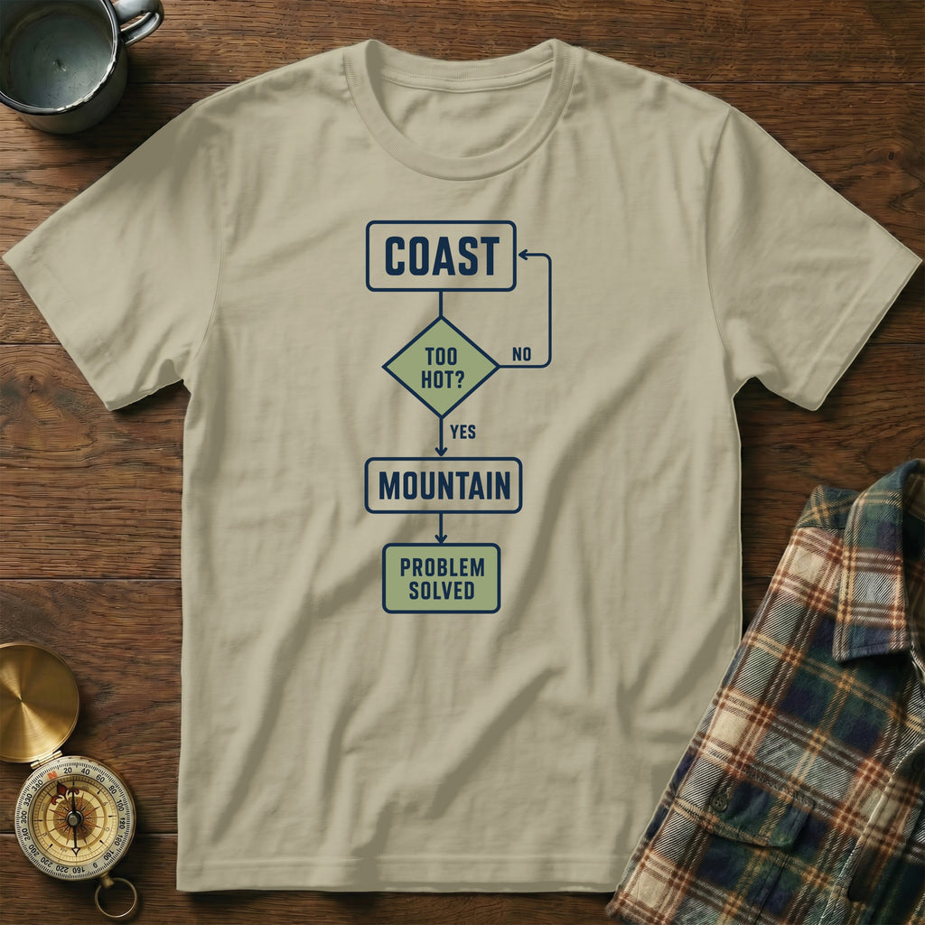 T-shirt with flowchart text: Coast, Too Hot?, Yes, Mountain, Problem Solved.