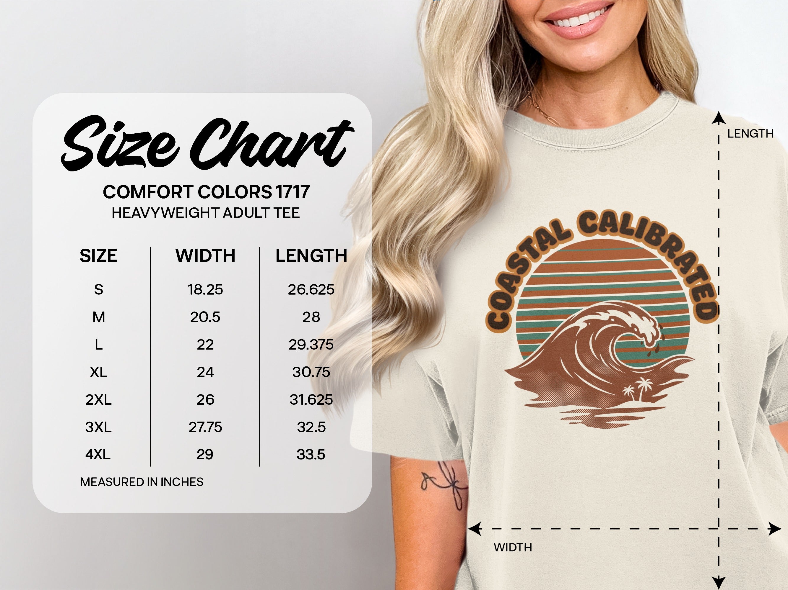 Comfort Colors 1717 heavyweight t-shirt size chart with width and length measurements.