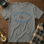 Gray t-shirt with "HOMEGROWN WANDERER" text and compass rose graphic.