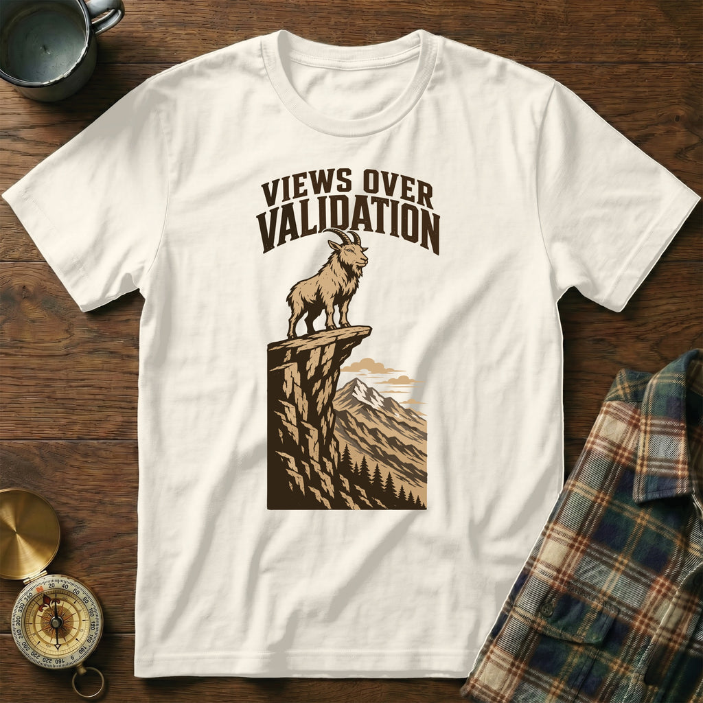 Cream t-shirt with white text and mountain goat graphic saying "Views Over Validation".