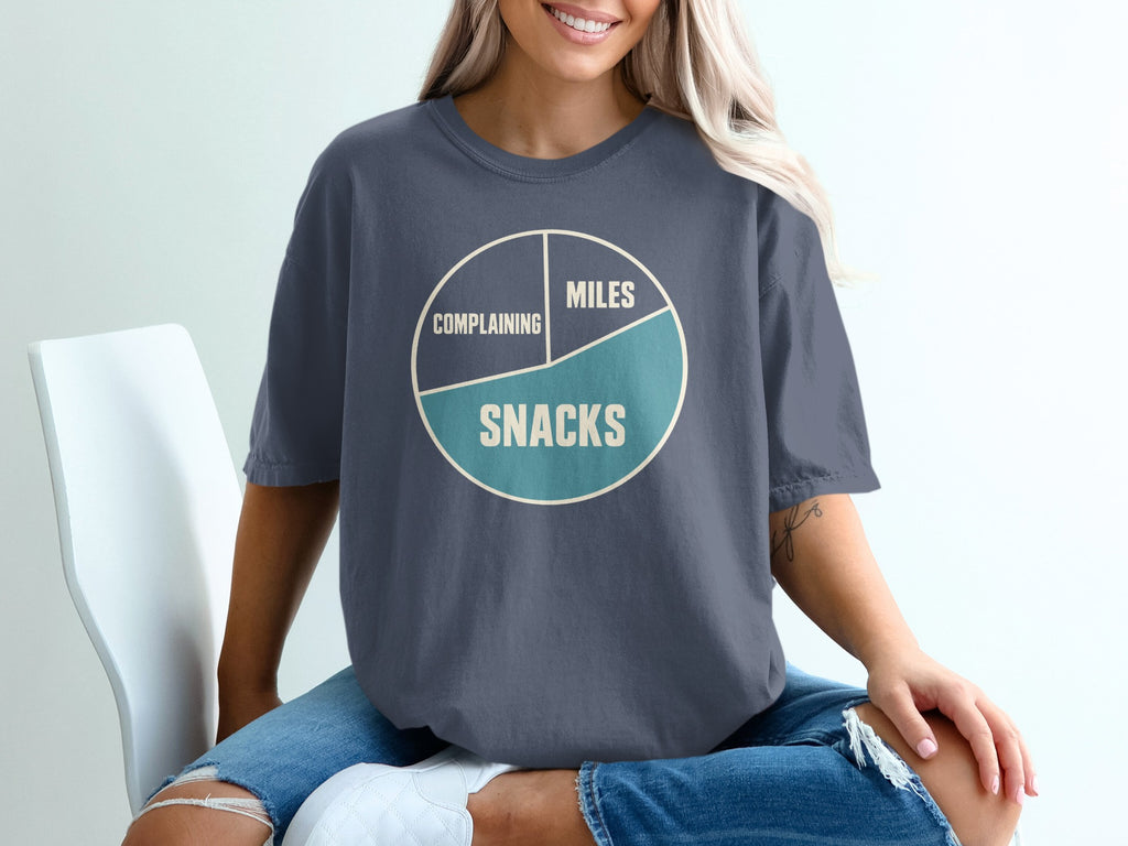 T-shirt with a pie chart graphic showing "Complaining," "Miles," and "Snacks."