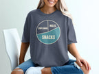 T-shirt with a pie chart graphic showing "Complaining," "Miles," and "Snacks."