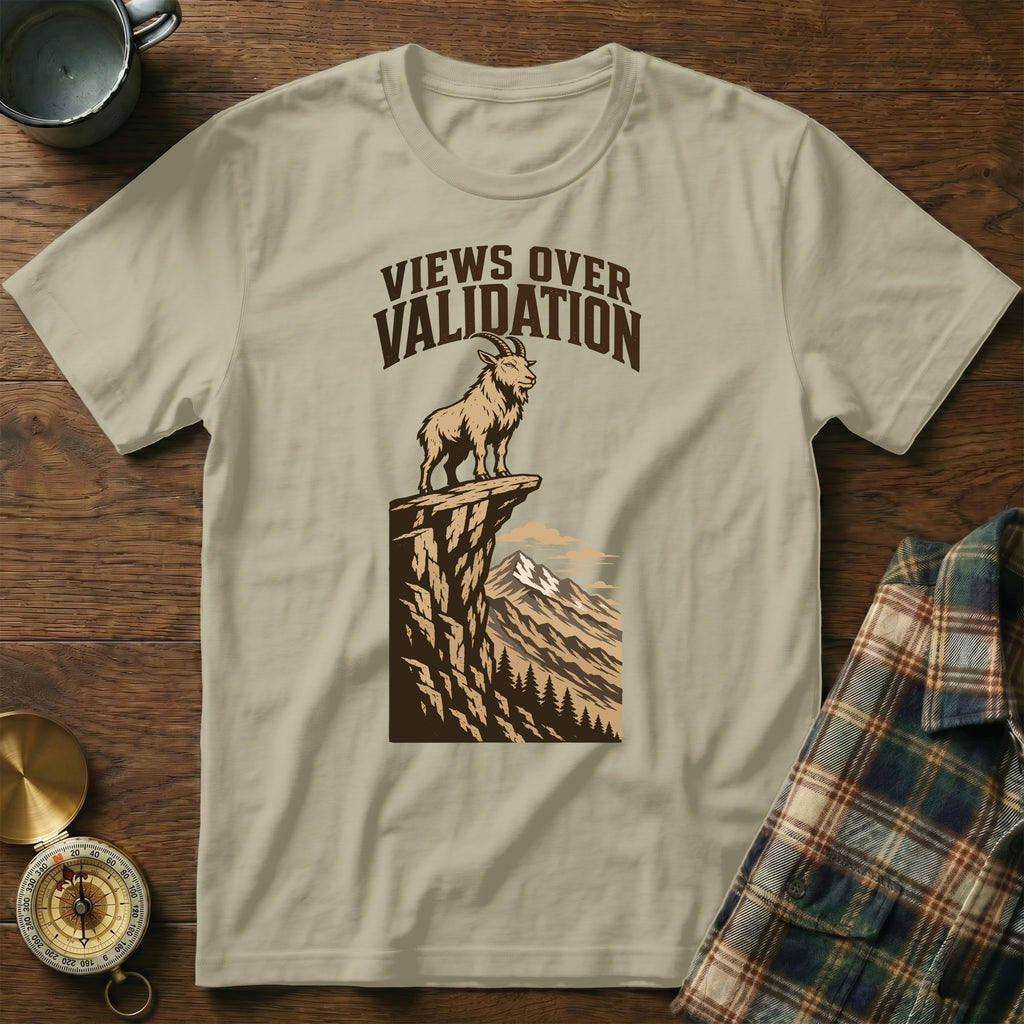T-shirt with mountain goat graphic and text "VIEWS OVER VALIDATION".