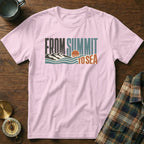 Pink t-shirt with "FROM SUMMIT TO SEA" graphic featuring mountains, waves, and sun.